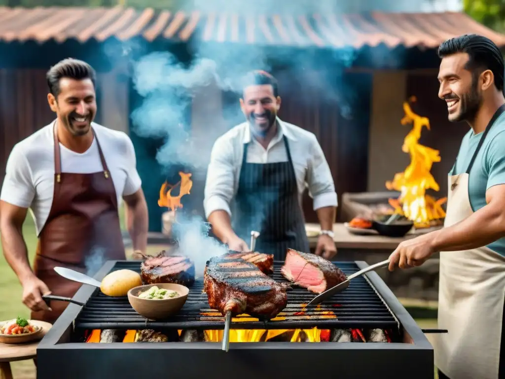 Amigos disfrutando de un asado uruguayo al aire libre, capturando la esencia de la camaradería y la habilidad culinaria