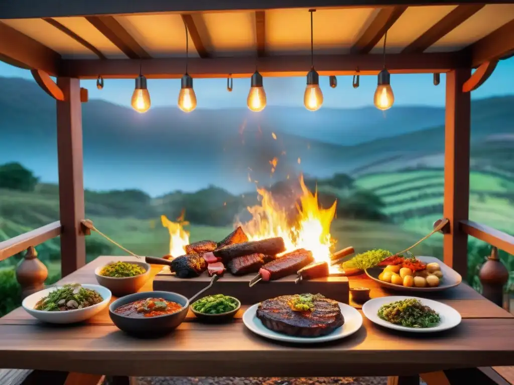 Amigos disfrutan de un asado uruguayo al aire libre al atardecer, rodeados de comida y luces, siguiendo consejos para organizar asado uruguayo