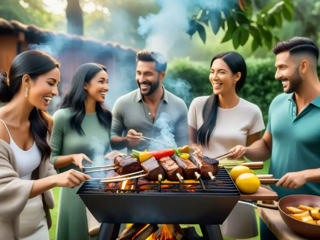 Amigos disfrutando de un asado uruguayo al aire libre, resaltando los beneficios sociales del asado uruguayo