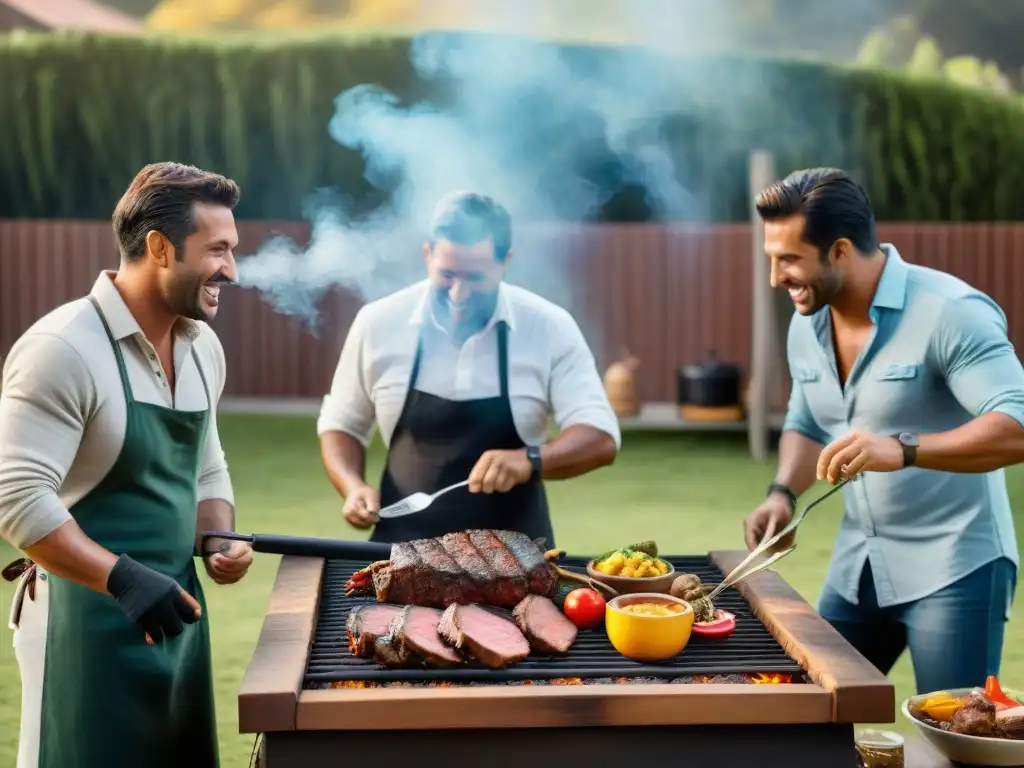 Amigos disfrutan un asado uruguayo al aire libre, capturando momentos de alegría y camaradería