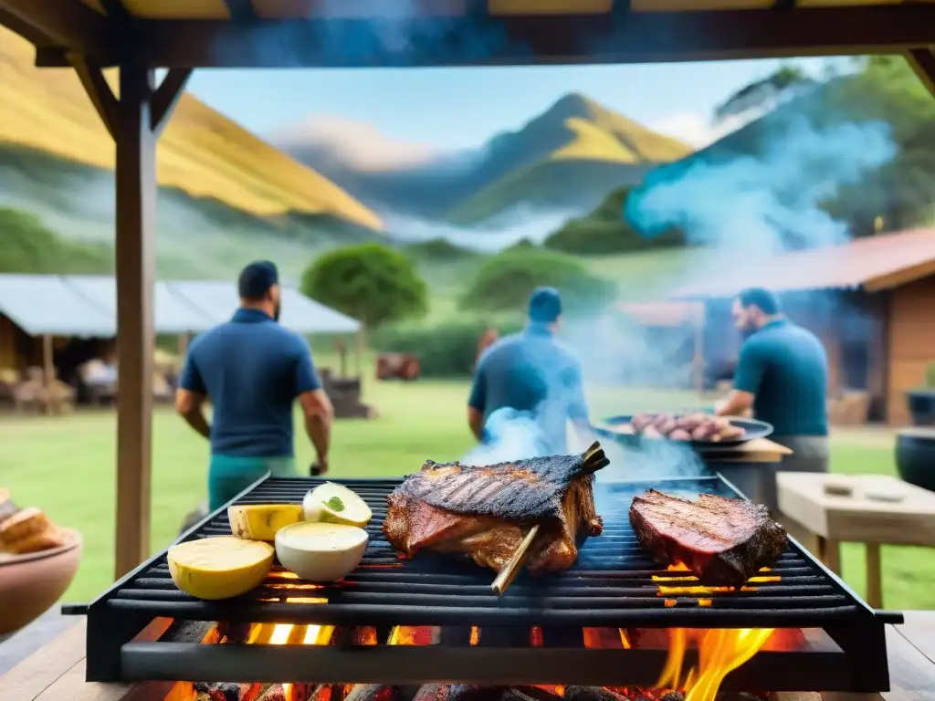 Amigos disfrutan de un asado uruguayo al aire libre, revelando secretos culinarios