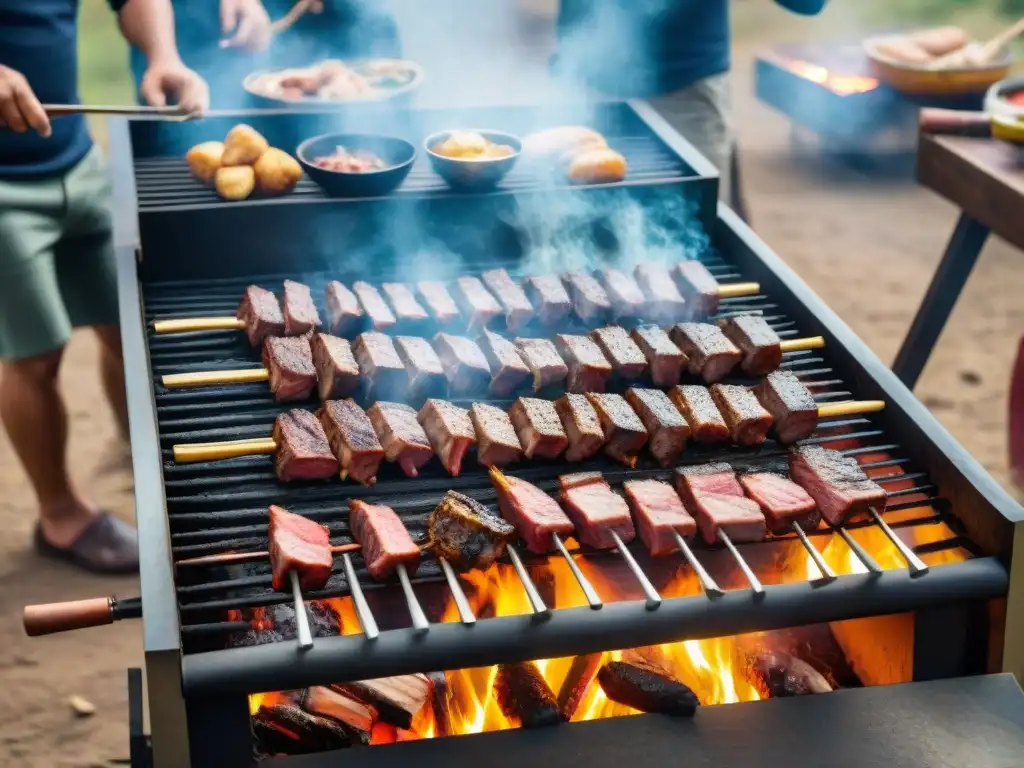 Amigos disfrutando de un asado uruguayo al aire libre con variados cortes de carne sobre las brasas