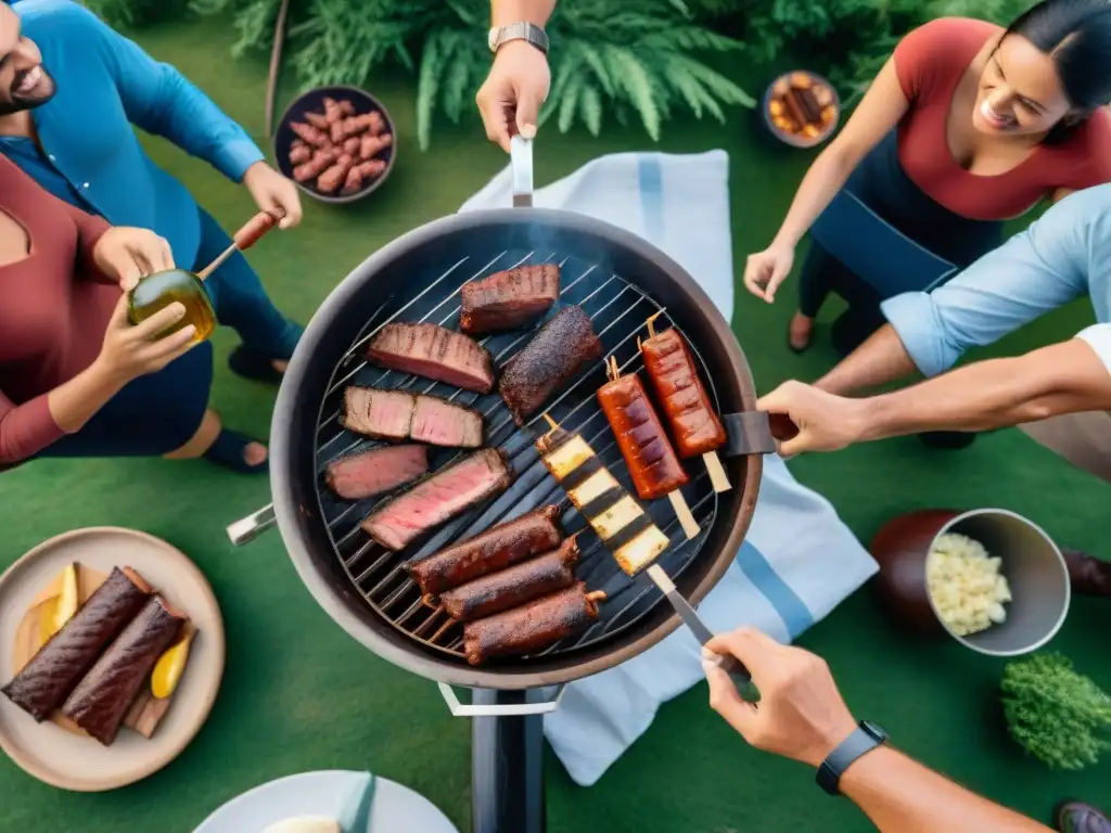 Amigos disfrutan de un asado uruguayo en un ambiente de camaradería y naturaleza, destacando la importancia social del asado en Uruguay