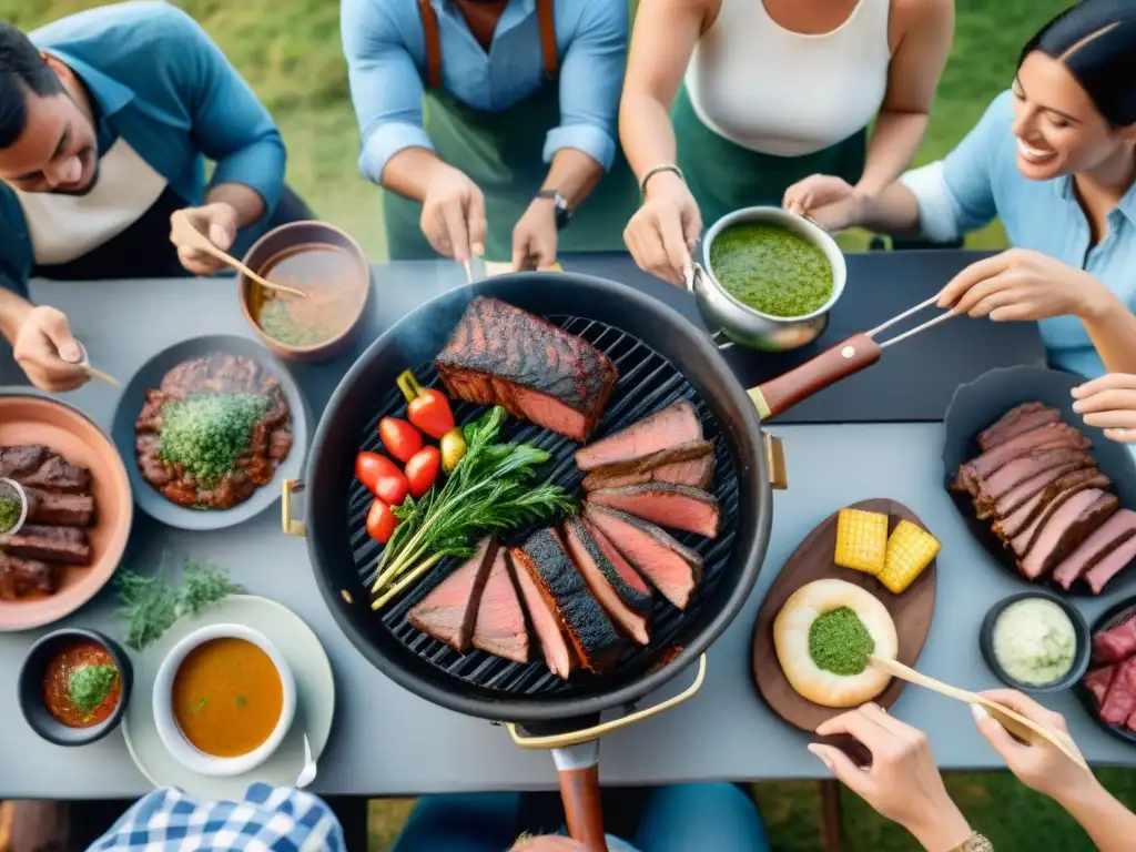 Amigos disfrutan de un asado uruguayo en un ambiente cálido y acogedor, reflejando la tradición del asado uruguayo