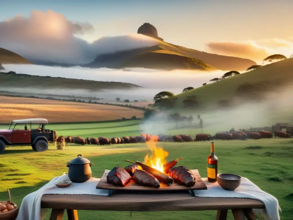 Amigos disfrutan un asado uruguayo al atardecer, rodeados de naturaleza