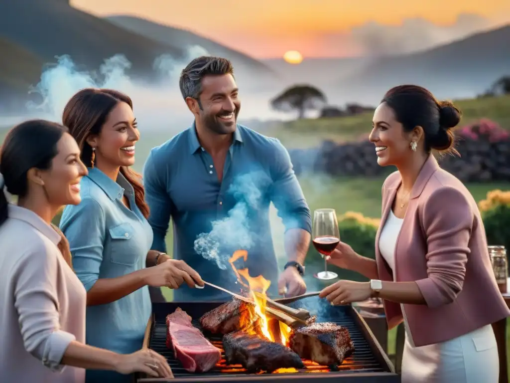 Amigos disfrutan de un asado uruguayo al atardecer, capturando momentos de alegría y camaradería