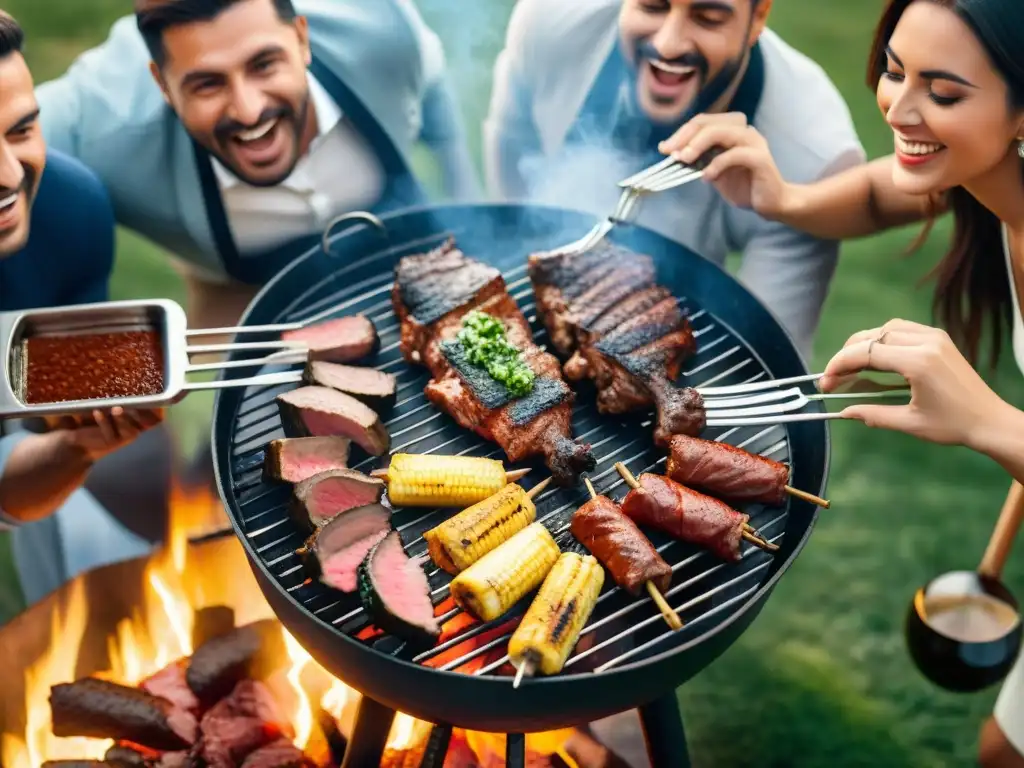 Amigos disfrutando un asado uruguayo al atardecer, capturando momentos de felicidad y conexión alrededor de la parrilla