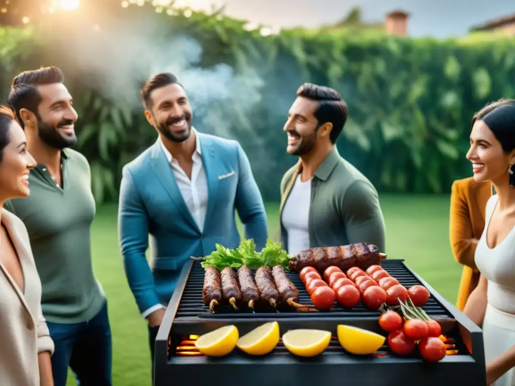 Amigos disfrutando un asado uruguayo al atardecer en un jardín, transmitiendo calidez y camaradería