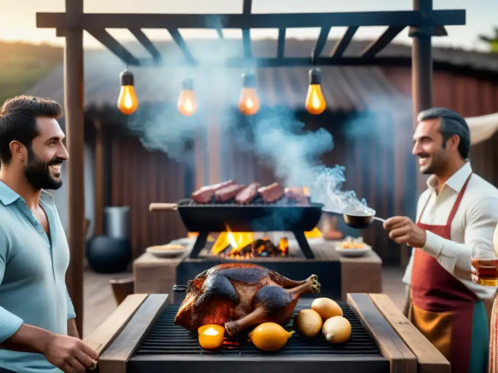 Amigos disfrutan de un asado uruguayo con bebidas tradicionales, en un ambiente cálido al atardecer