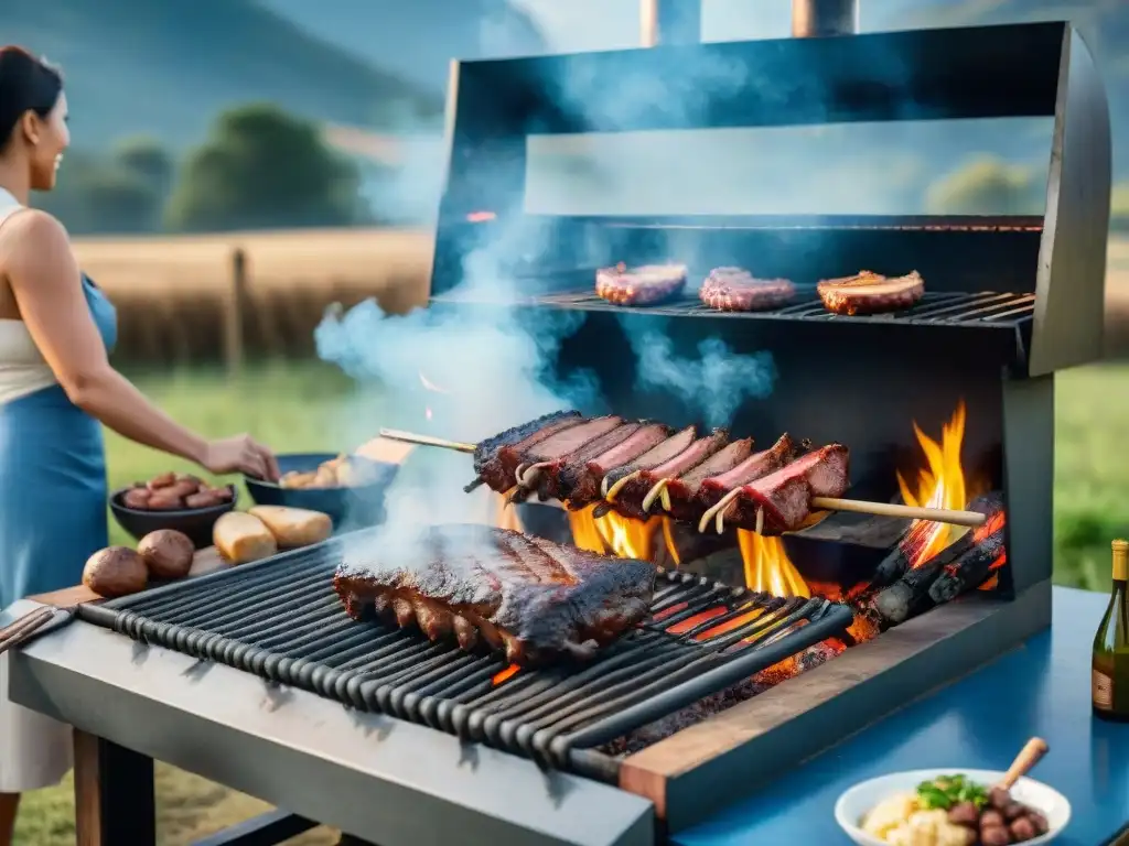 Amigos disfrutan de un asado uruguayo en el campo bajo cielo azul