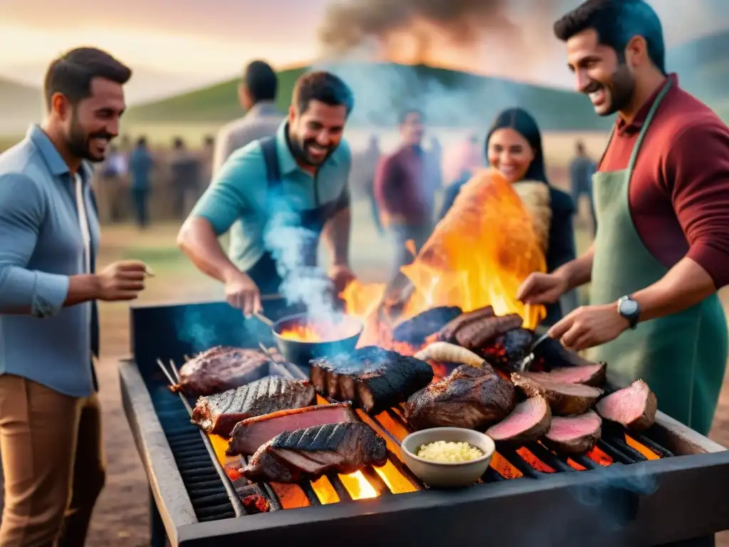 Amigos disfrutando de un asado uruguayo en el campo al atardecer, historia del asado uruguayo