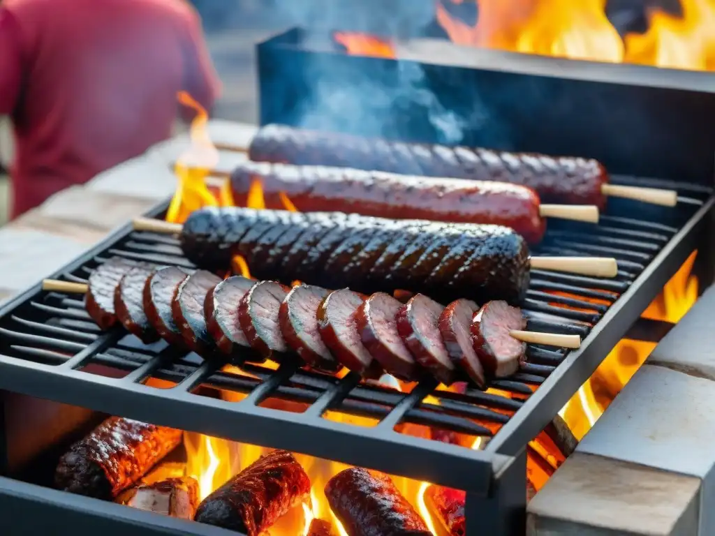 Amigos disfrutan de un asado uruguayo con conciencia en una parrilla tradicional llena de carne y rodeada de llamas, bajo un cielo azul