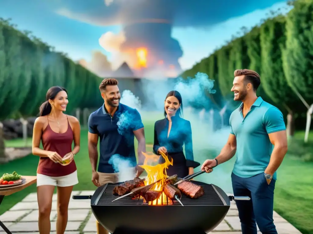 Amigos disfrutan de un asado uruguayo con energías alternativas en un jardín verde vibrante