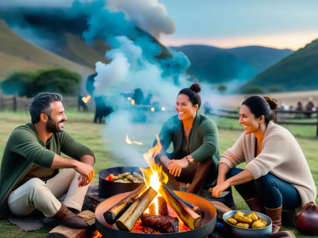 Amigos disfrutan de un asado uruguayo bajo las estrellas en una noche mágica