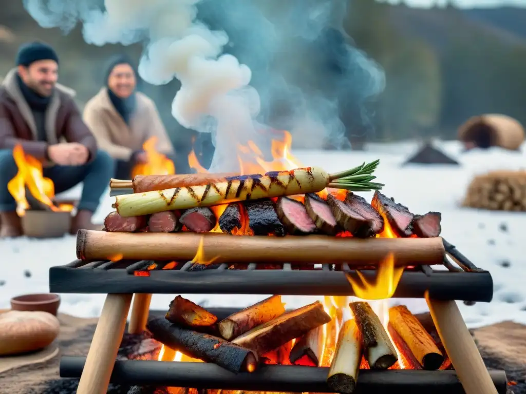 Amigos disfrutan un asado uruguayo alrededor de la fogata en invierno