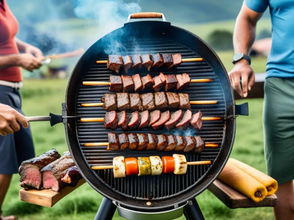 Amigos disfrutando de un asado uruguayo innovador bajo el sol sudamericano, rodeados de naturaleza exuberante y cielo azul claro