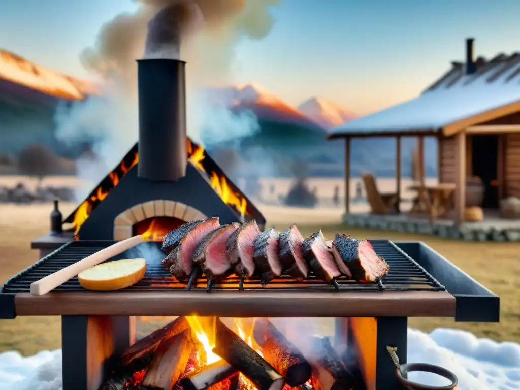 Amigos preparando un asado uruguayo en invierno, con carne al fuego y nieve alrededor