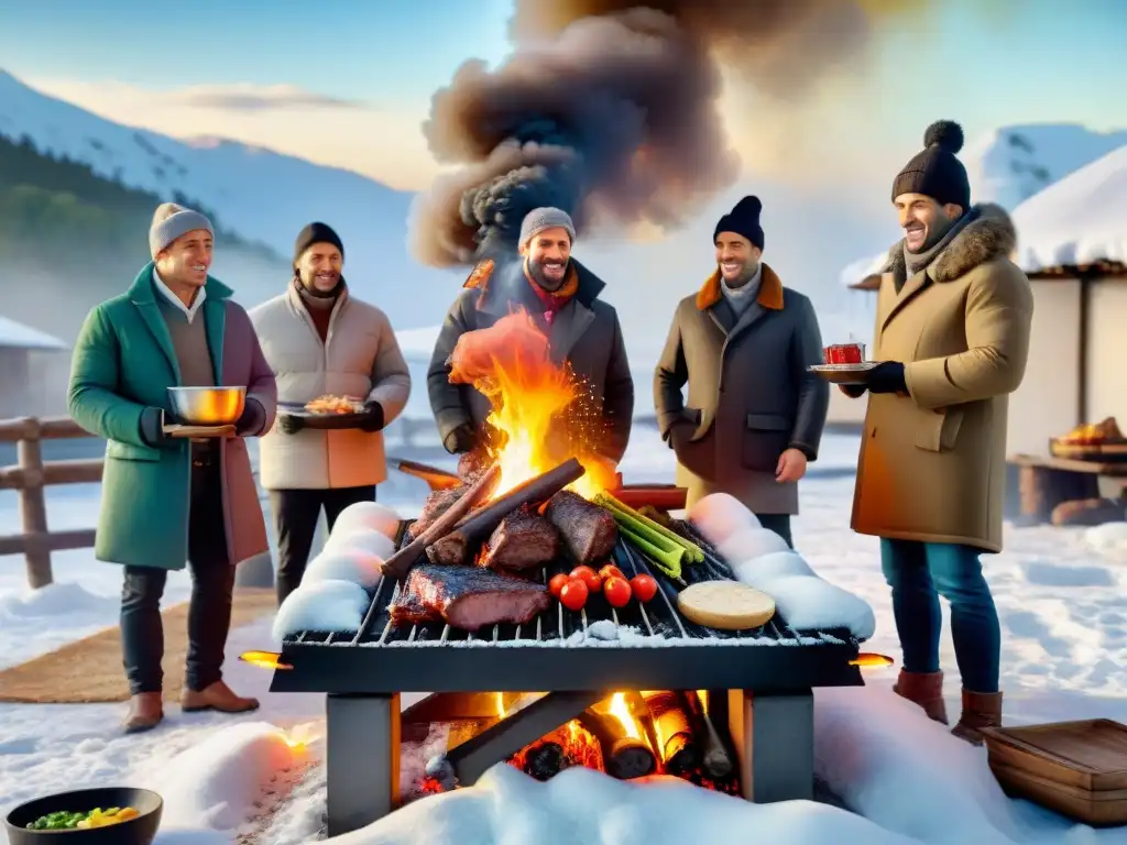 Amigos disfrutan de un asado uruguayo en un paisaje nevado, con carne sizzling sobre la parrilla