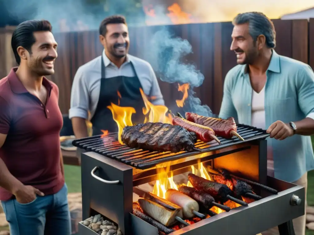 Amigos disfrutando de un asado uruguayo en el patio, con carnes sizzling en la parrilla