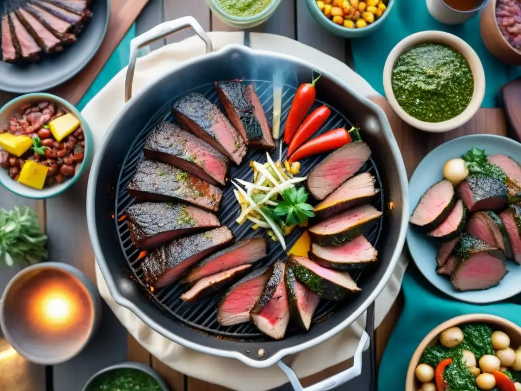 Amigos disfrutando de un asado uruguayo con sabores únicos, rodeados de deliciosas carnes y vegetales frescos bajo luces cálidas