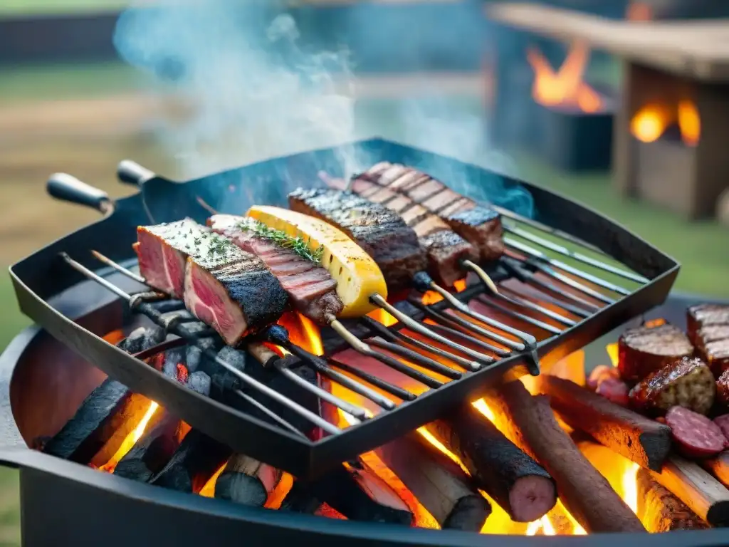 Amigos disfrutando de un asado uruguayo en una tarde cálida con vista a viñedos