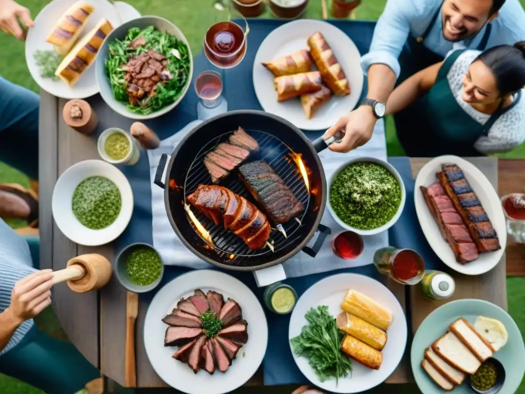 Amigos disfrutando de un asado uruguayo, brindando con vino y creando una atmósfera cálida