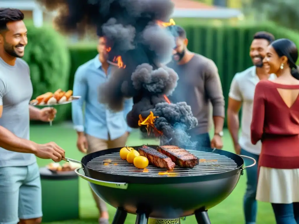 Amigos disfrutan de un asado en el jardín con ventiladores de carbón para asados