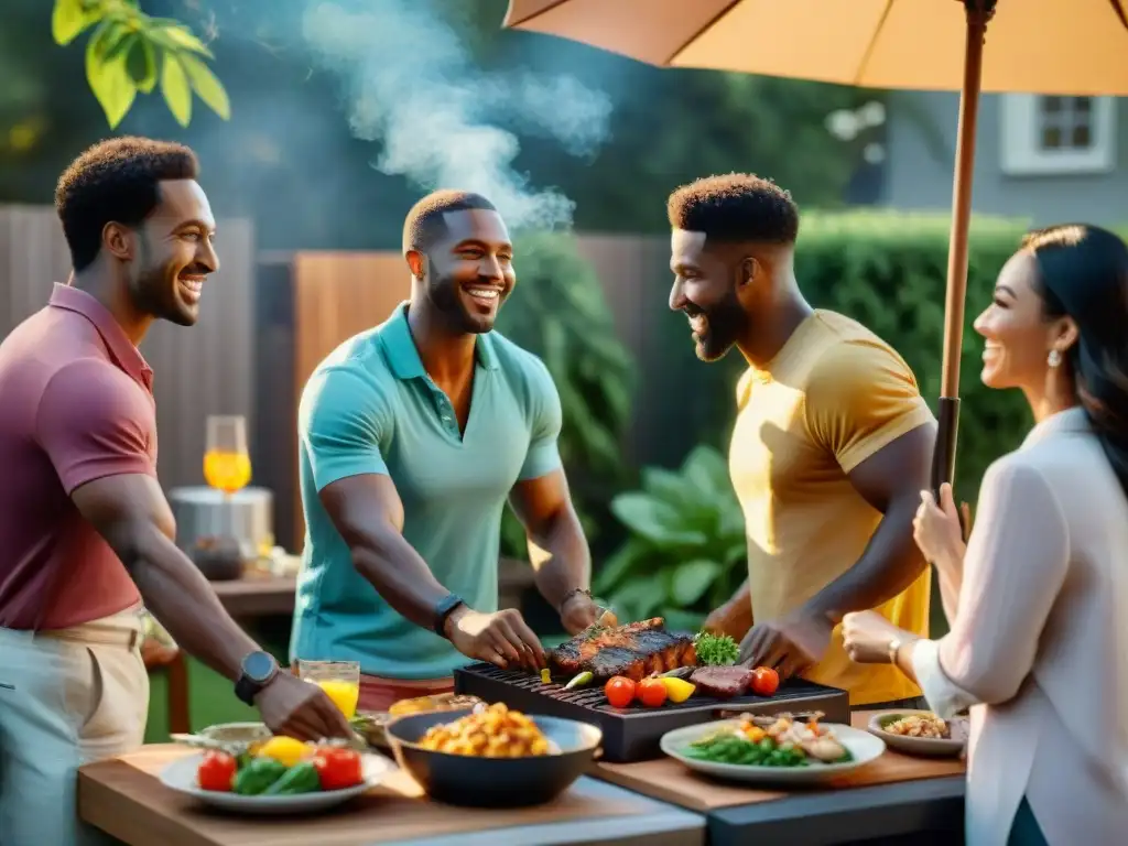 Amigos disfrutando de una barbacoa al atardecer, fomentando unión y amistad