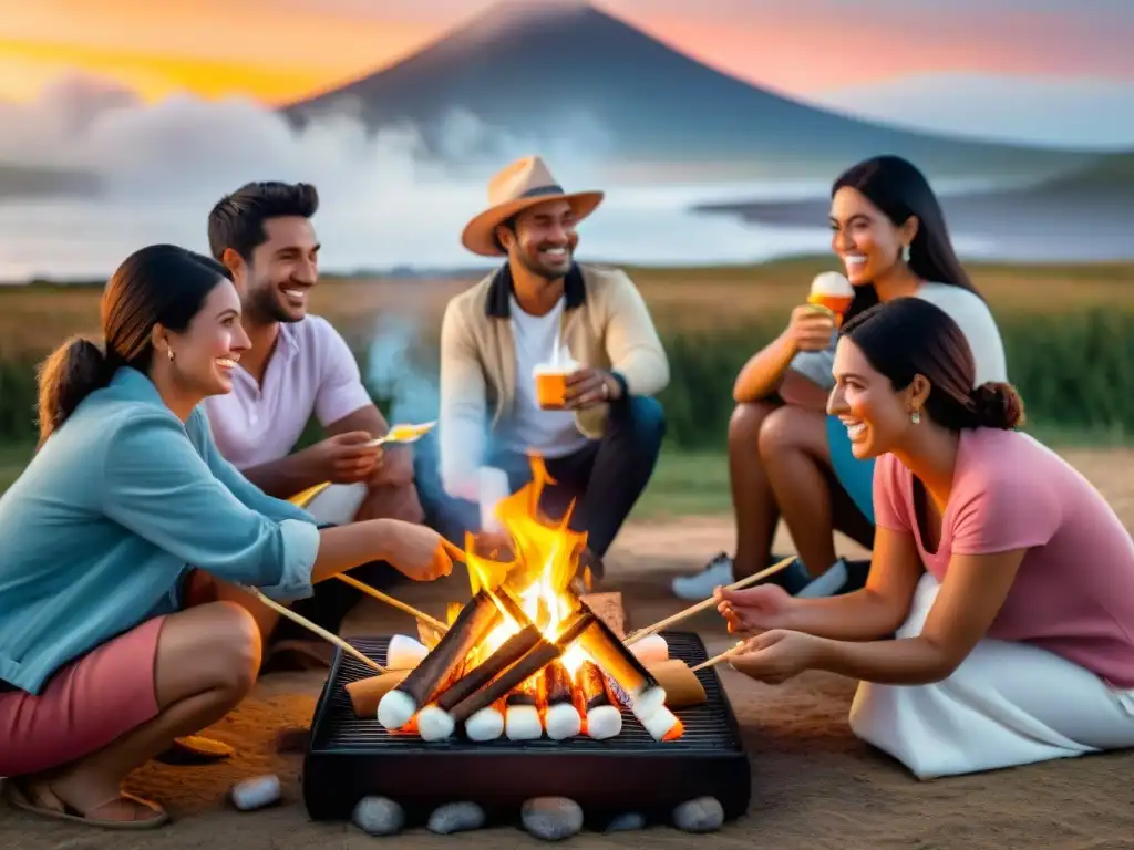 Amigos disfrutando de una barbacoa bajo el atardecer uruguayo con s'mores