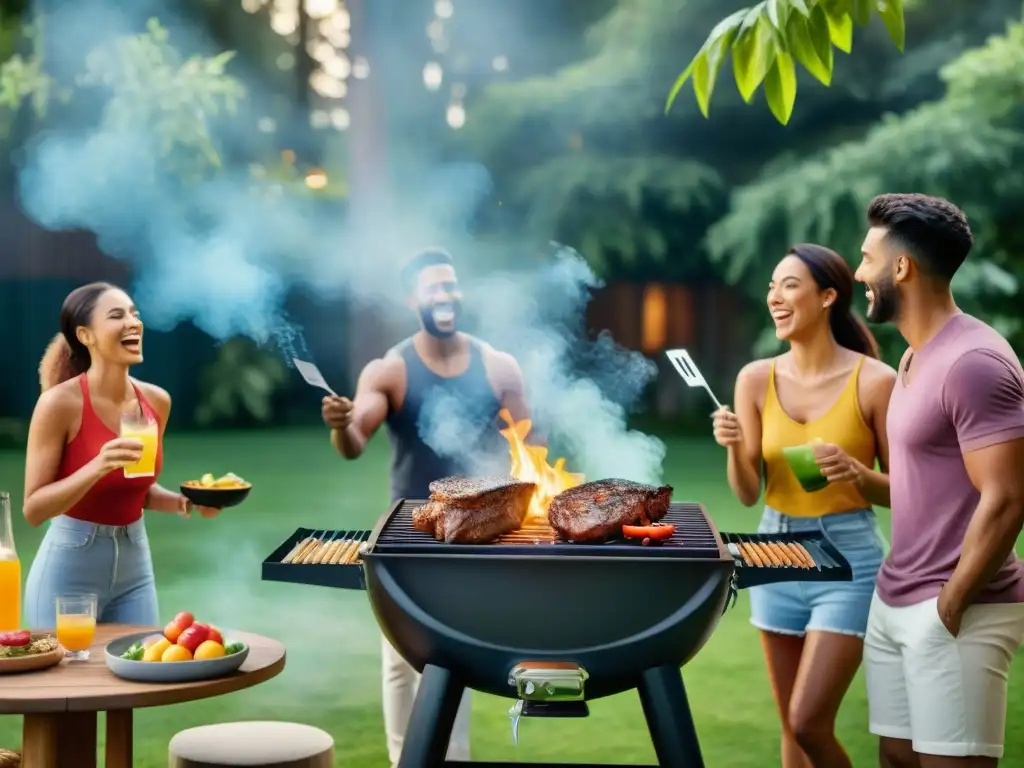 Amigos disfrutan de una barbacoa bajo el sol, fomentando unión y amistad