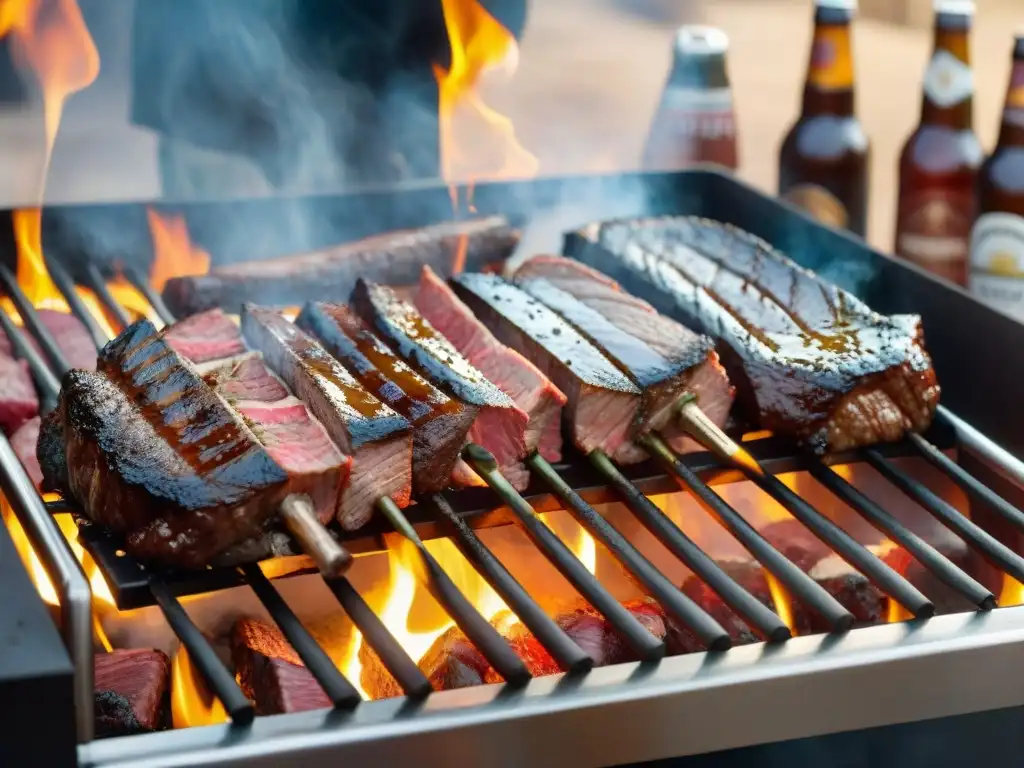 Amigos disfrutan de cervezas artesanales uruguayas alrededor de un asado tentador y humeante