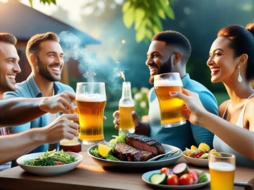 'Amigos disfrutan cervezas ligeras para asados en animada barbacoa al sol del atardecer'