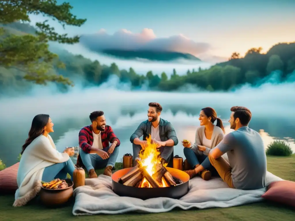 Amigos disfrutan de un evento al aire libre asado alrededor de fogata bajo un cielo estrellado