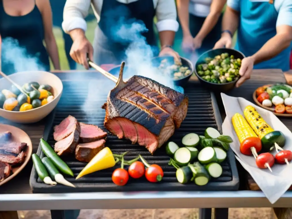 Amigos y familia disfrutan de un asado al aire libre en Uruguay, creando un ambiente cálido y acogedor