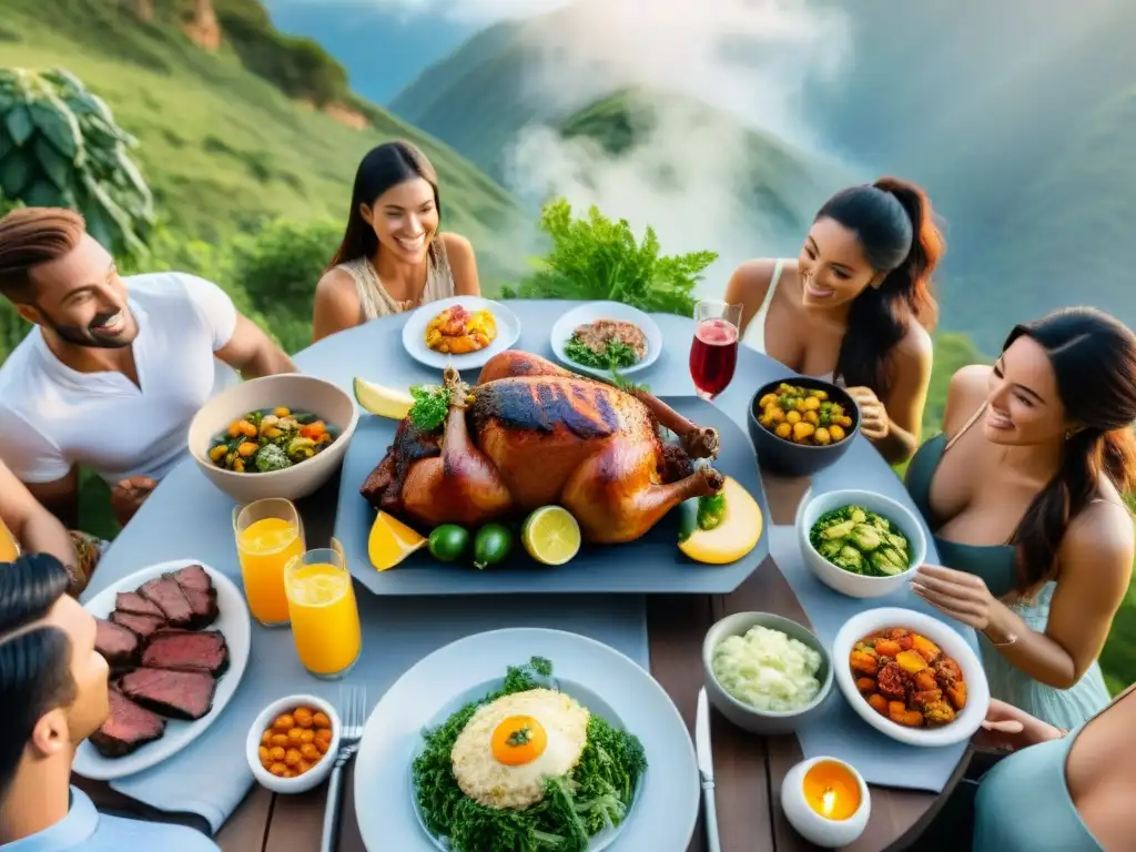 Amigos y familia disfrutan un asado solar paso a paso al aire libre, rodeados de comida colorida y bebidas refrescantes bajo el sol brillante