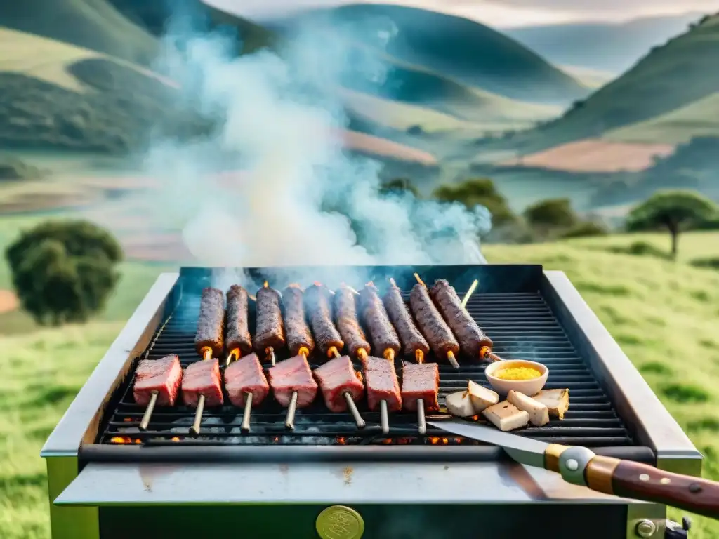 Amigos y familia disfrutan un asado uruguayo con ingredientes locales en paisaje campestre