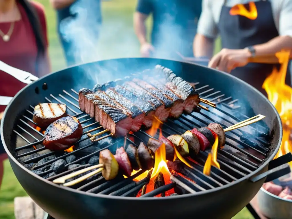 Amigos y familia disfrutan de un asado uruguayo al aire libre, con ventiladores de carbón para asados creando un ambiente cálido y hogareño