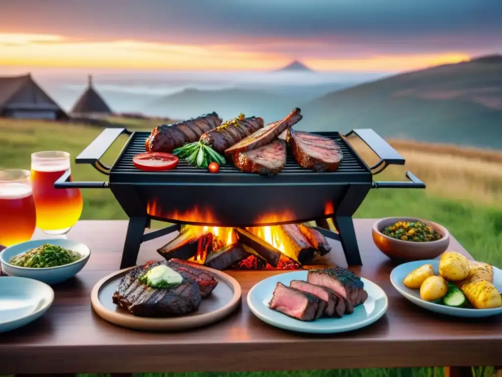 Amigos y familia disfrutan de un asado uruguayo al aire libre al atardecer, mostrando un ambiente cálido y acogedor