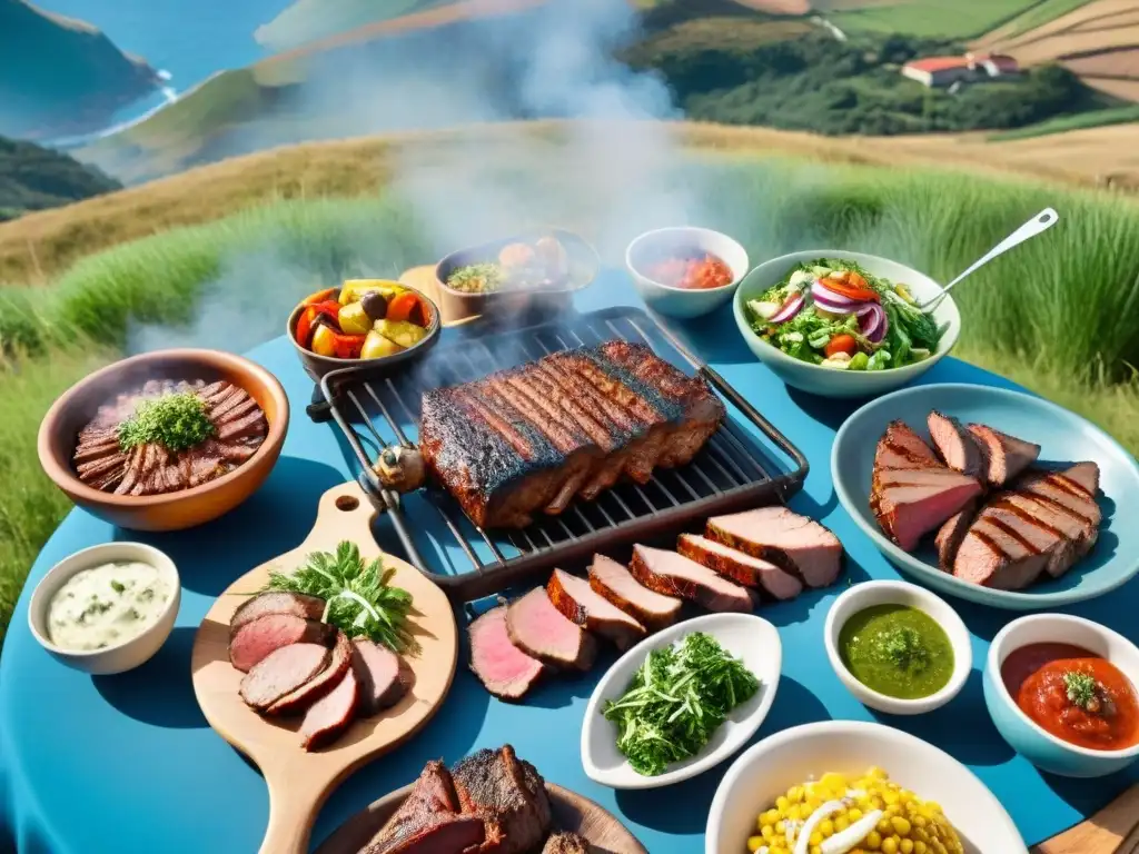 Amigos y familia disfrutan un asado uruguayo al aire libre con variedad de carnes y ensaladas, adaptar recetas asado para alergias