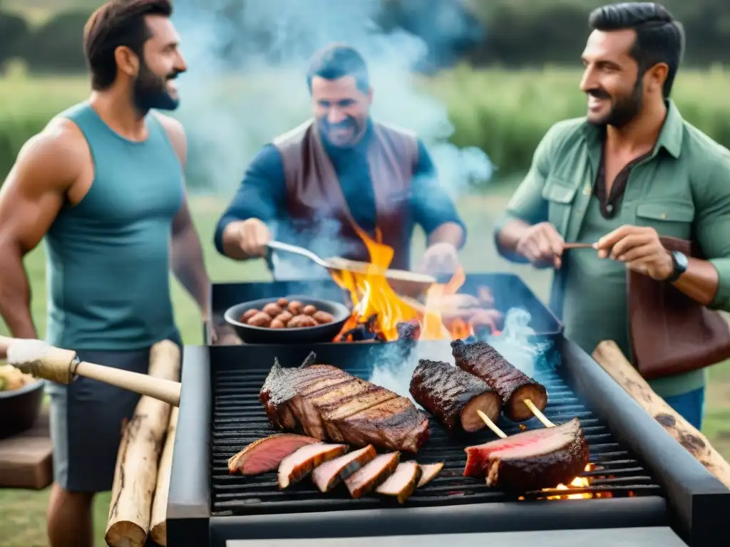 Amigos y familia disfrutan un asado uruguayo auténtico en el campo