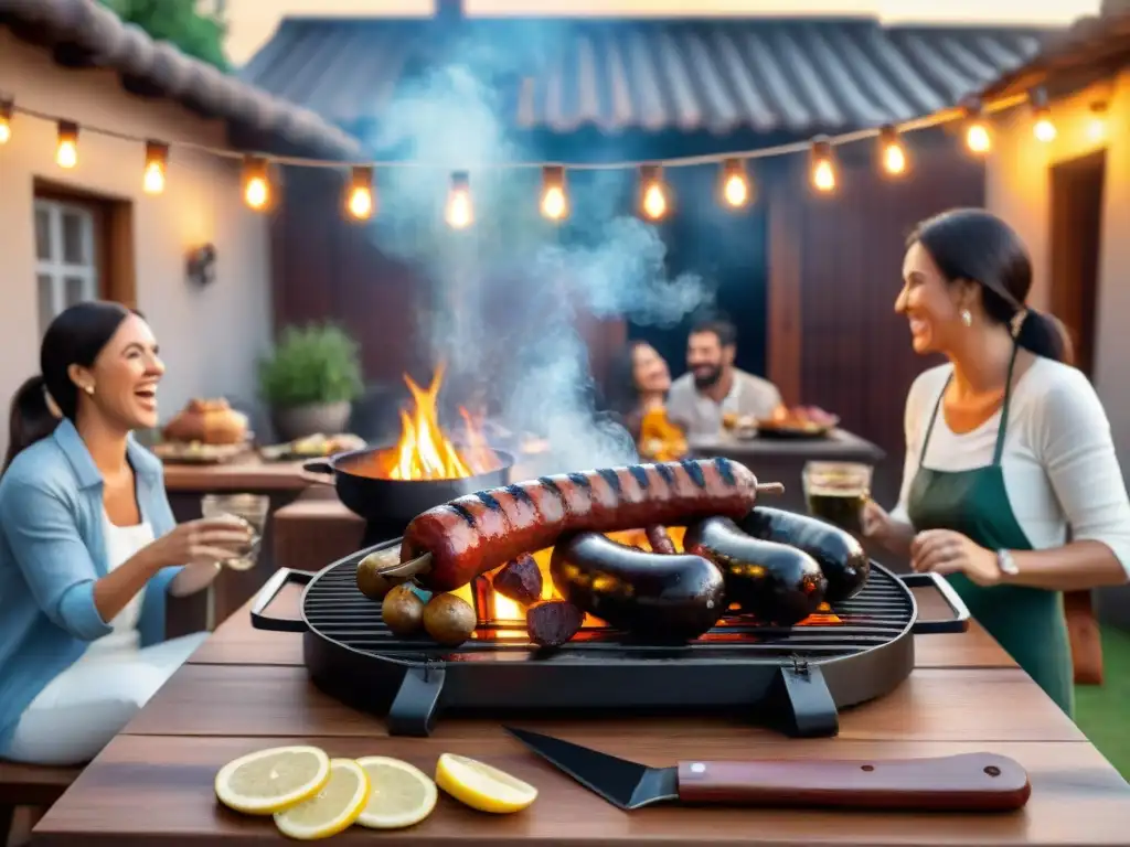 Amigos y familia disfrutan de un asado uruguayo con cervezas artesanales en un patio al aire libre