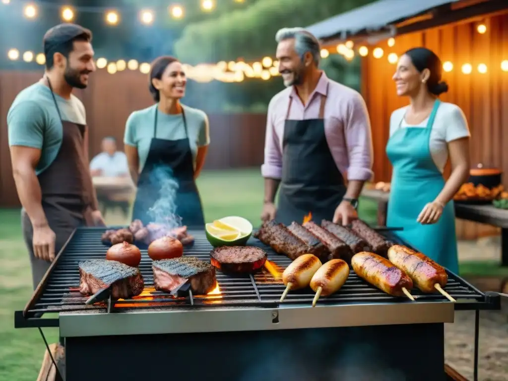 Amigos y familia disfrutan de un asado uruguayo en Montevideo, reflejando diferencias culturales asado Uruguay