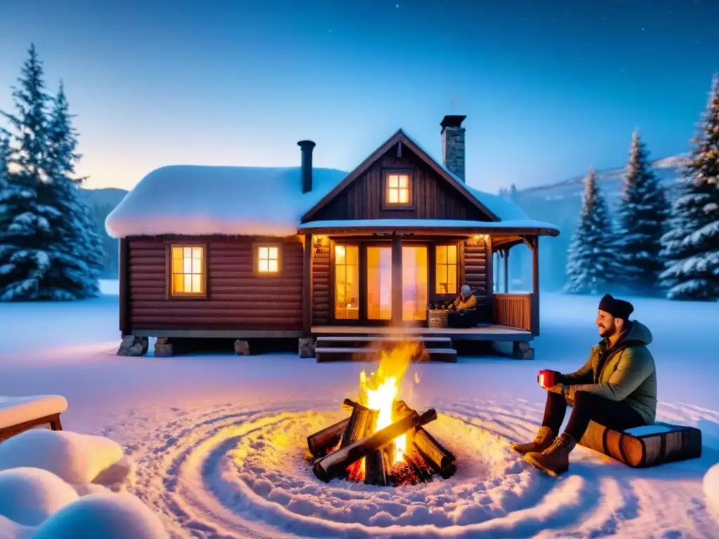 Amigos y familia disfrutan de una barbacoa invernal bajo las estrellas, rodeados de nieve y una cabaña de madera