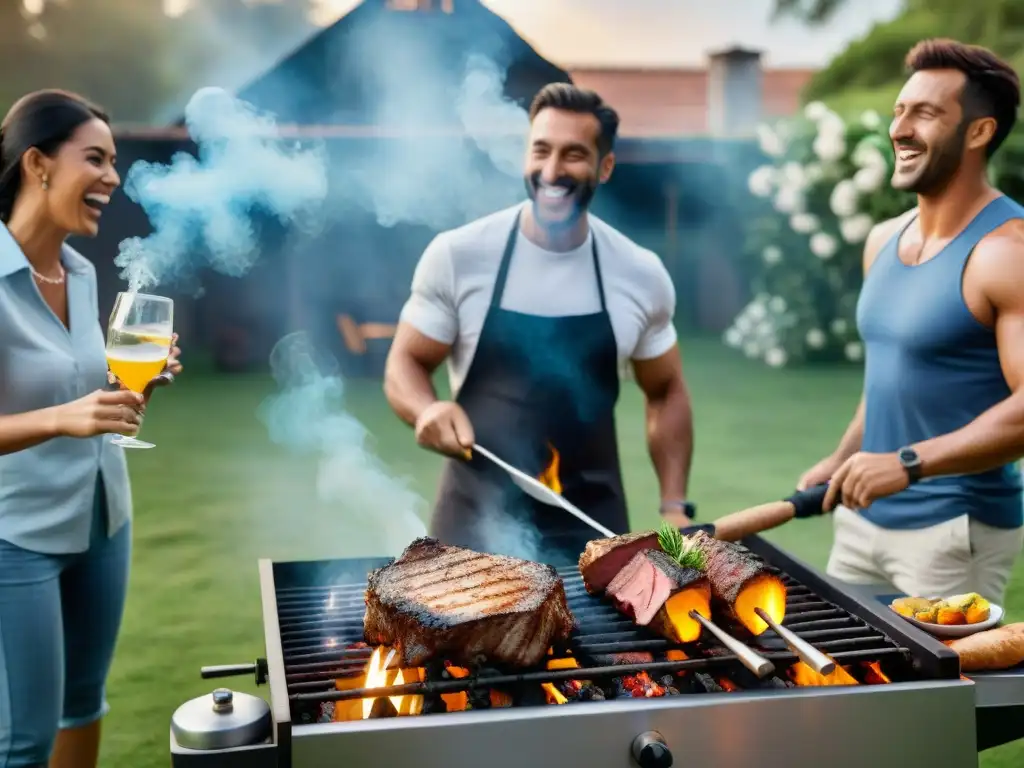 Amigos felices disfrutando de un asado uruguayo en el jardín, capturando momentos de alegría