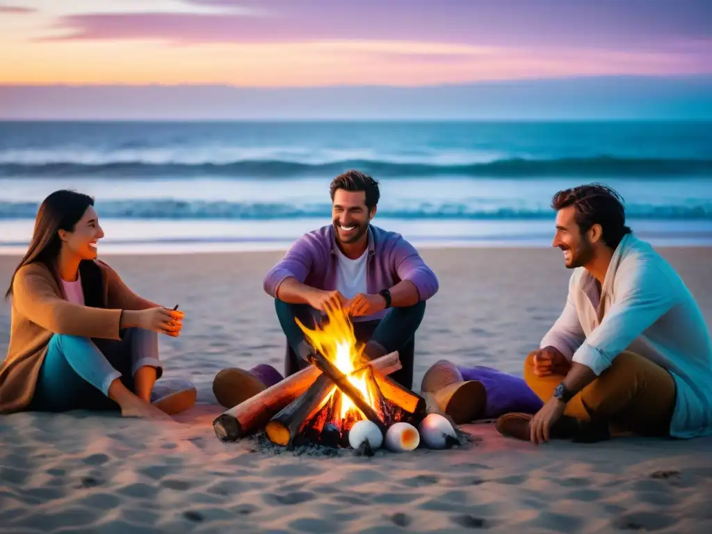 Amigos disfrutan de fogata en playa uruguaya al atardecer, compartiendo historias y risas, una alternativa a eventos de asado en Uruguay