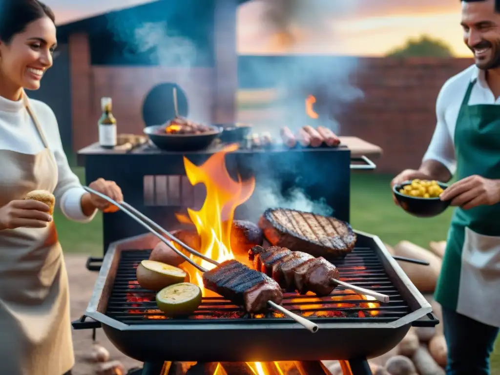 Amigos disfrutan de la importancia social del asado Uruguay en un patio rústico con parrilla humeante y sonrisas genuinas