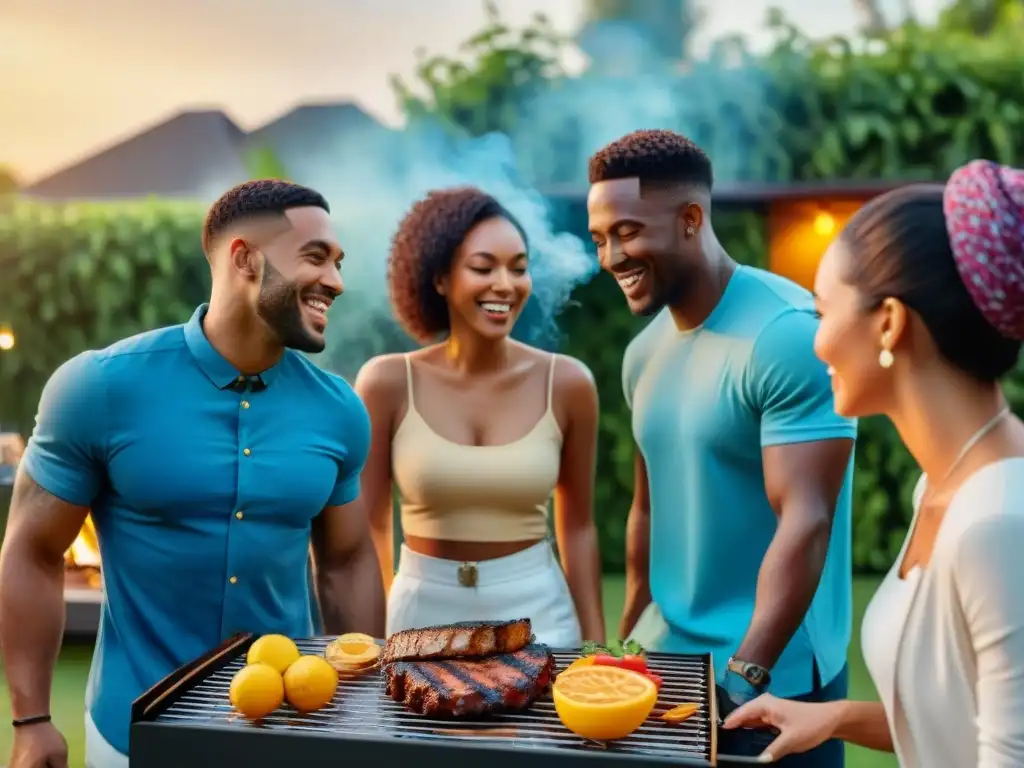 Amigos disfrutando juntos alrededor de la parrilla, fomentando unión y amistad en un cálido atardecer de verano