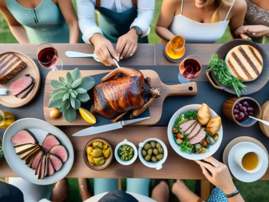 Amigos disfrutan de un maridaje vino asado uruguayo correcto al atardecer