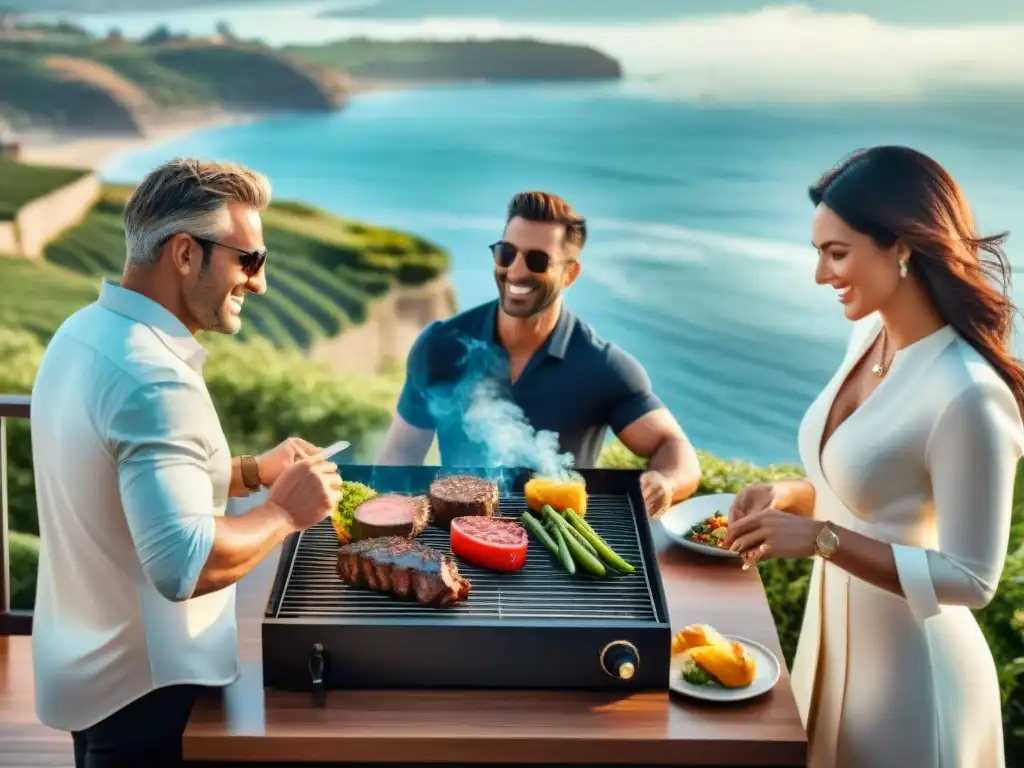 Amigos disfrutando de una parrilla de alta gama en terraza soleada con vista al mar en Uruguay