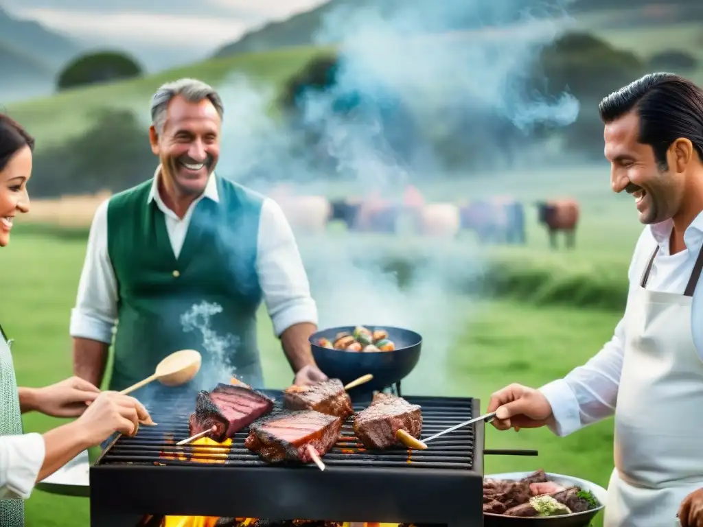 Amigos disfrutan de una parrillada en el campo uruguayo, entre risas y tradición del asado uruguayo